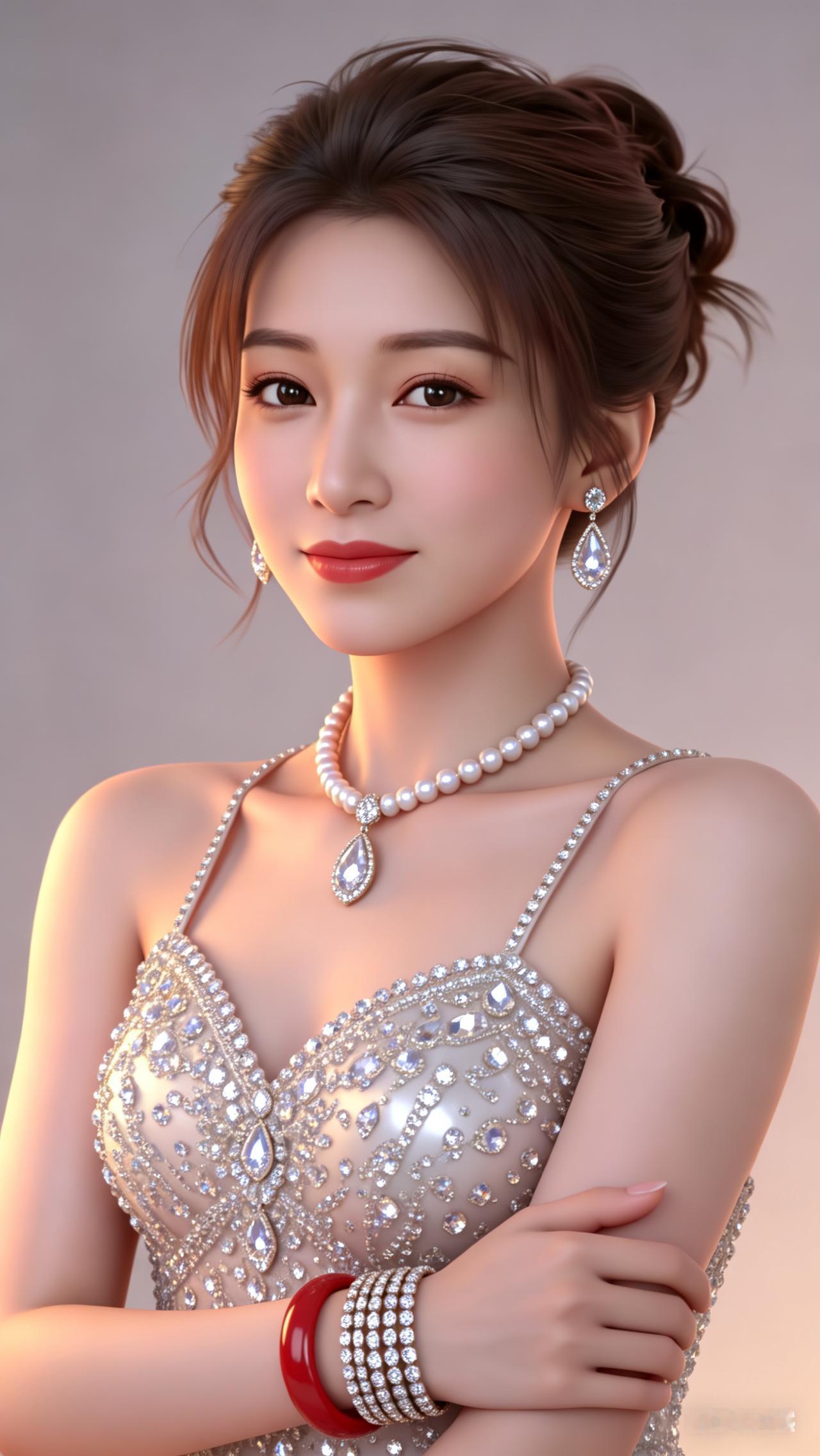 身姿绝美的优雅女子，立体鹅蛋脸肤白胜雪，乌黑秀发精致盘发。碎钻华丽吊带礼服熠熠生