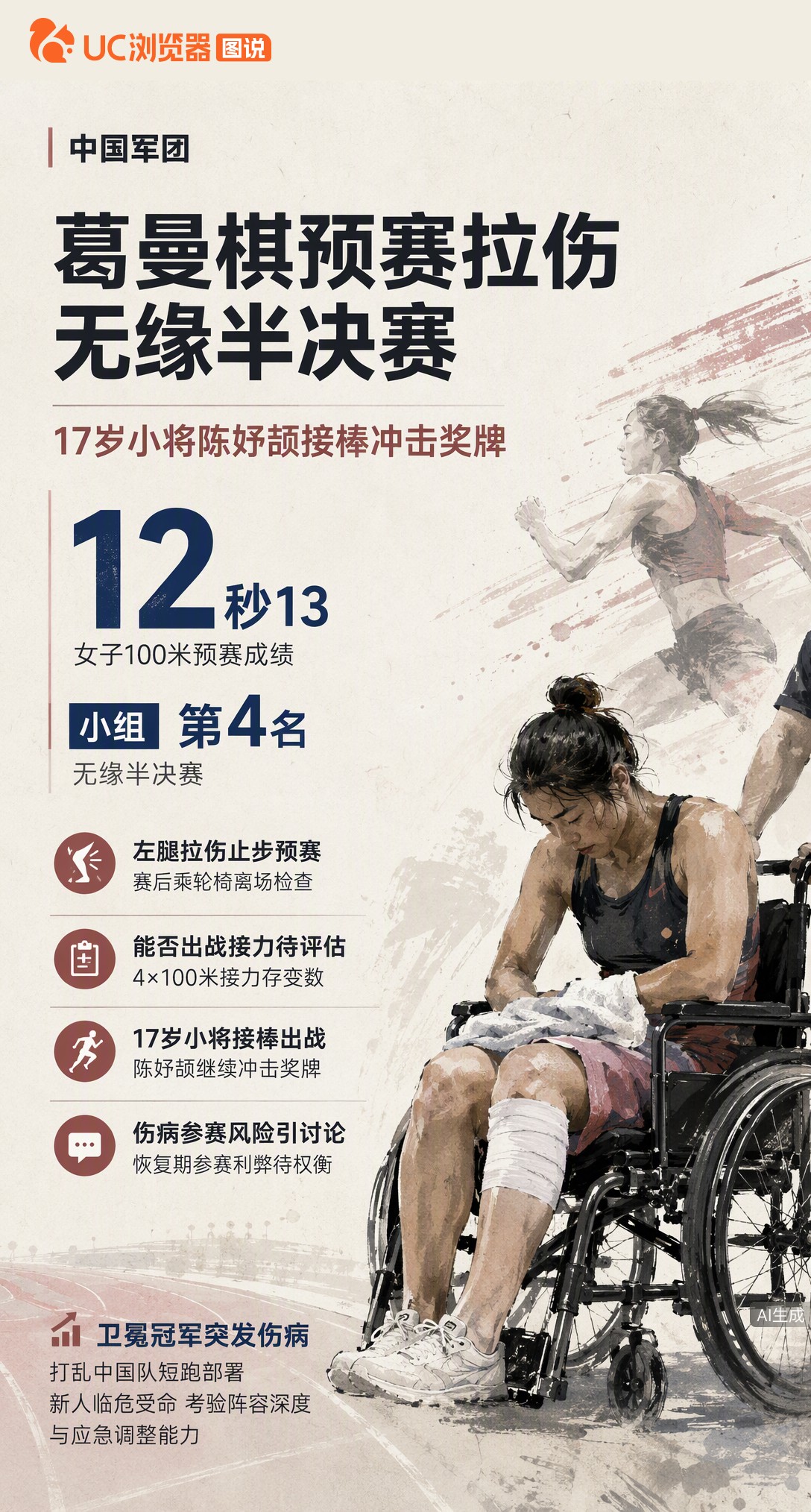 葛曼棋预赛拉伤坐轮椅离场，12秒13止步无缘半决赛。能否出战接力尚待医学评估，17岁陈妤颉临危接棒冲