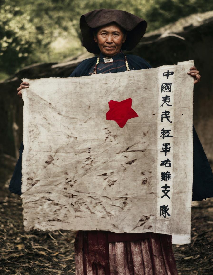 这张照片里，彝族首领小叶丹的妻子倮伍乌吉嫫，正手持“中国夷民红军沽鸡支队”的队旗