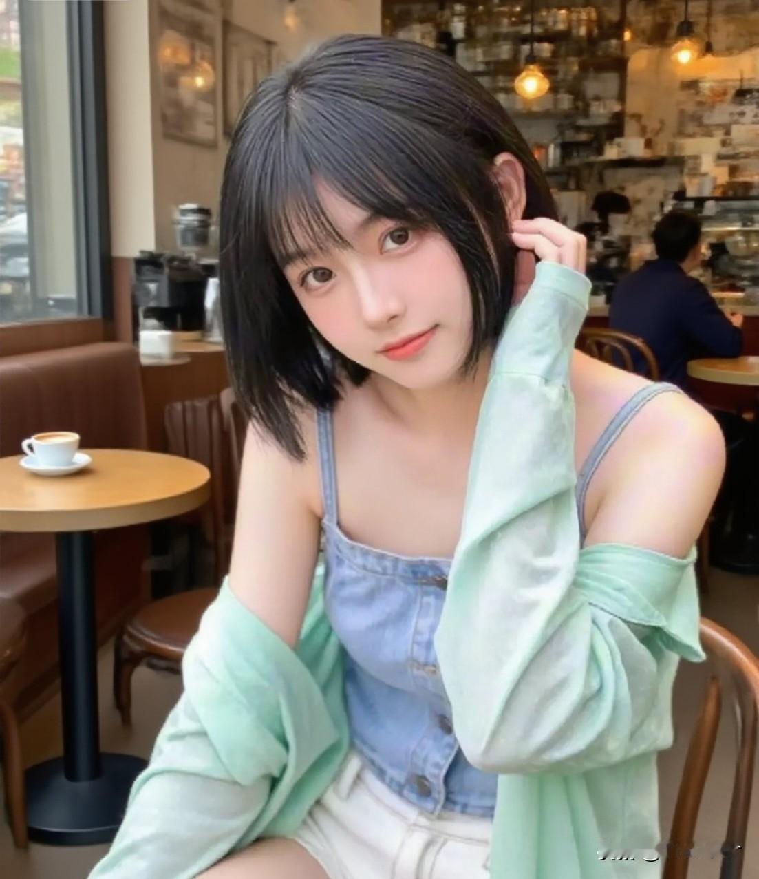 绿衣美人坐，咖啡香满堂。