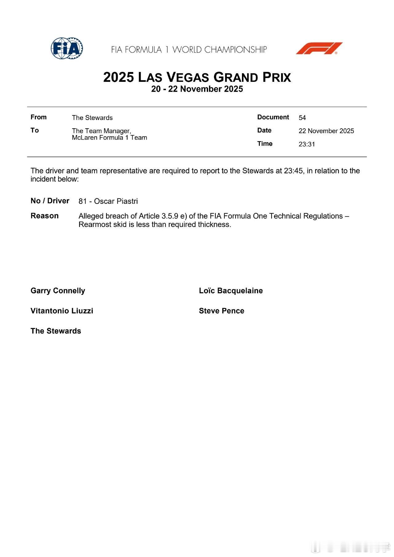 突发！迈凯轮两车正在接受FIA关于底盘磨损的检测如果磨损超过标准，那么两台车在拉