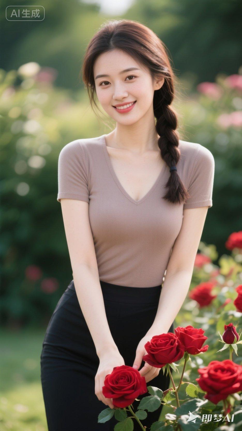 微笑女孩手捧红玫瑰，好温馨！
