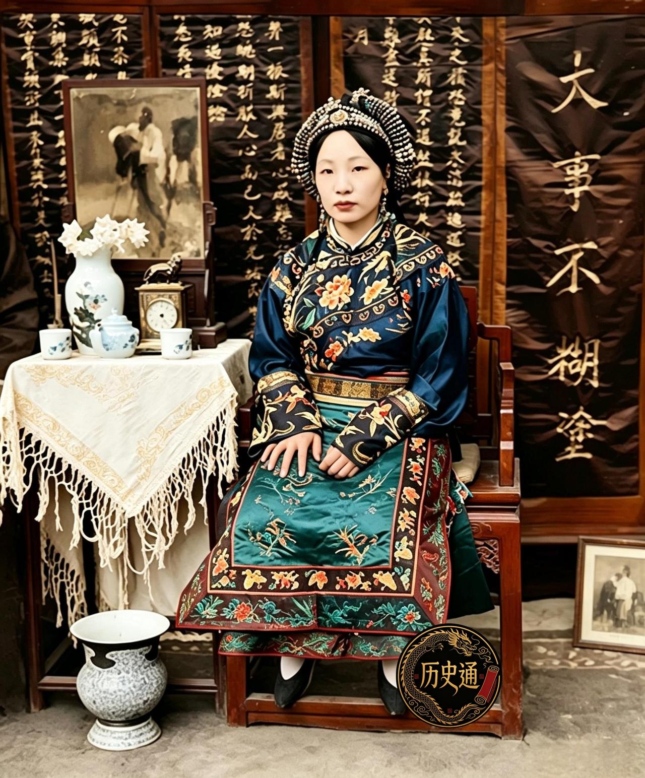 这位身穿全套嘉绒藏族贵妇盛装，神态沉静威严，气质雍容的贵妇出身汶川瓦寺土司索氏。