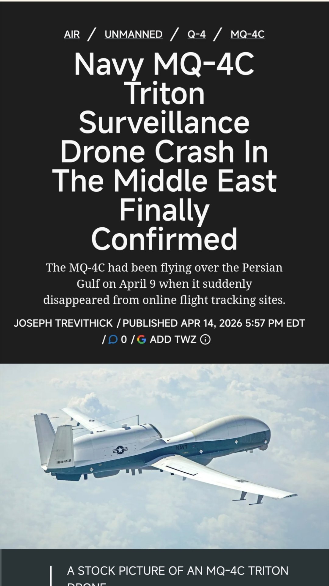 美军承认价值16亿无人机坠毁¹这玩意太贵了！2.38亿美元一架！美国海军一共就