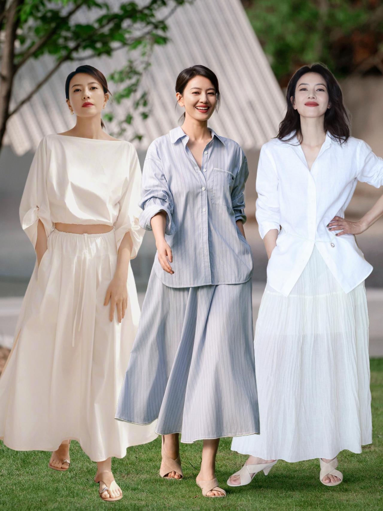 高圆圆度假风穿搭，这几套太美了！她偏爱亚麻、天丝等透气面料，宽松衬衫、吊带长裙