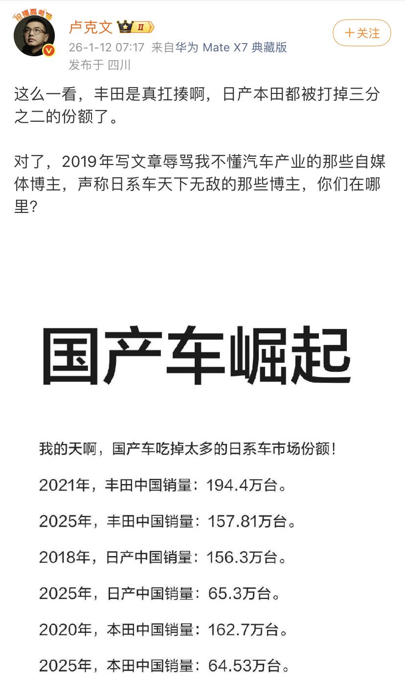 卢克文：丰田是真扛揍啊，日产本田都被打掉三分之二的份额了。对了，2019年写