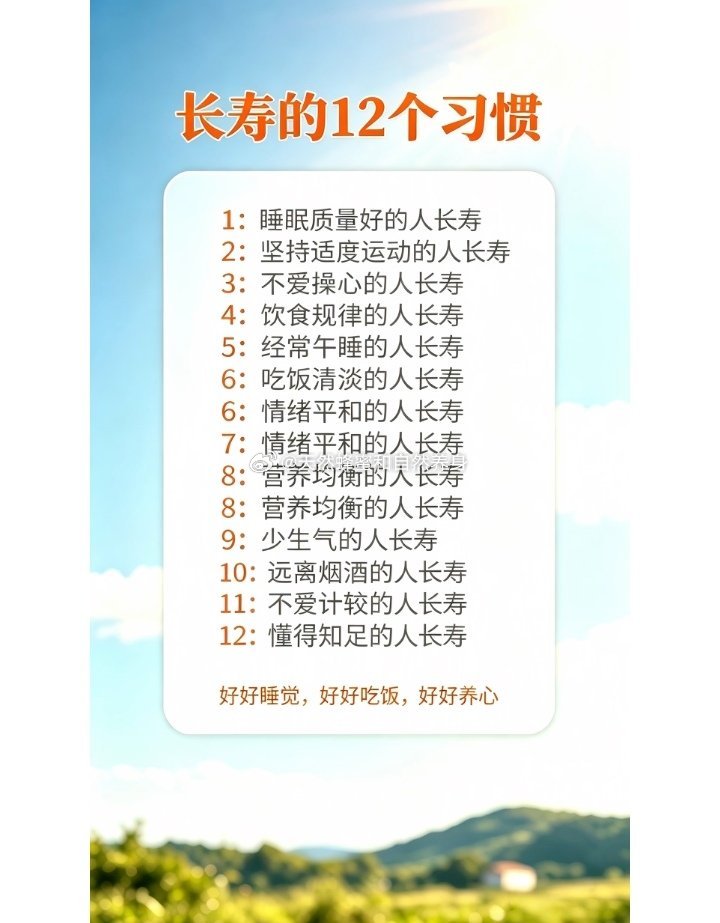 12种长寿的人长寿的12个习惯1：睡眠质量好的人长寿2：坚持适度运动的人长寿3：不爱操心的人长寿4: