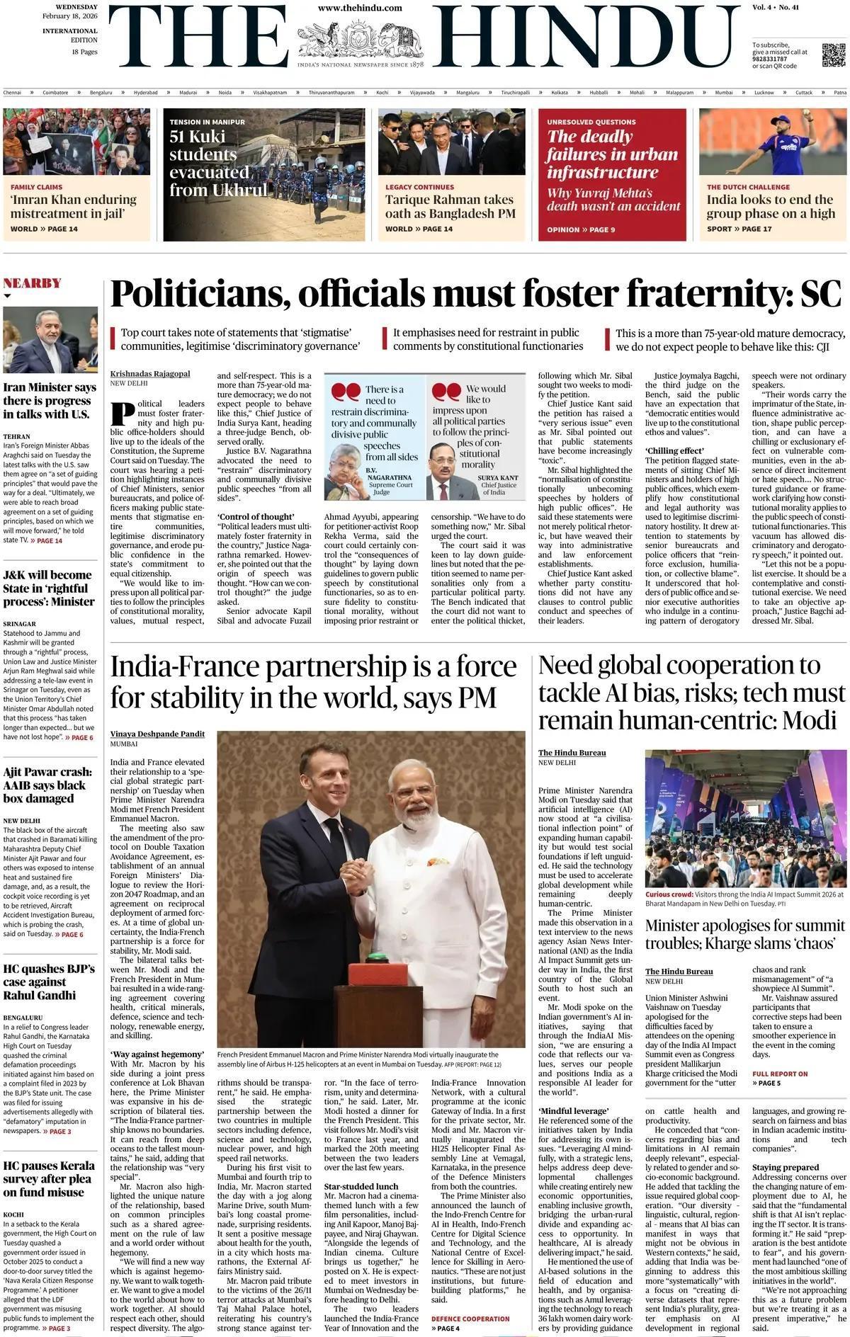 据《印度教徒报》头版报道称，莫迪总理表示，印法伙伴关系是世界稳定的一股力量。周