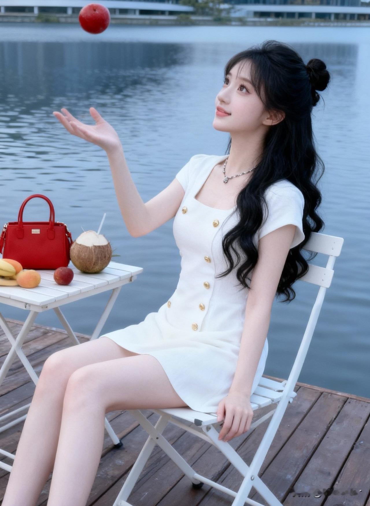 夏日湖畔野餐，清新少女与红苹果的邂逅