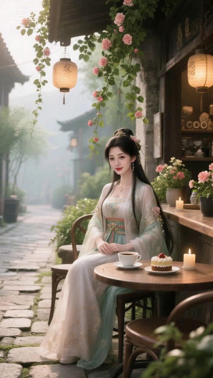 七绝●南国烟雨/古韵街边店顶美鲜花，靓女悠闲饮早茶。雾气朦胧烟火味