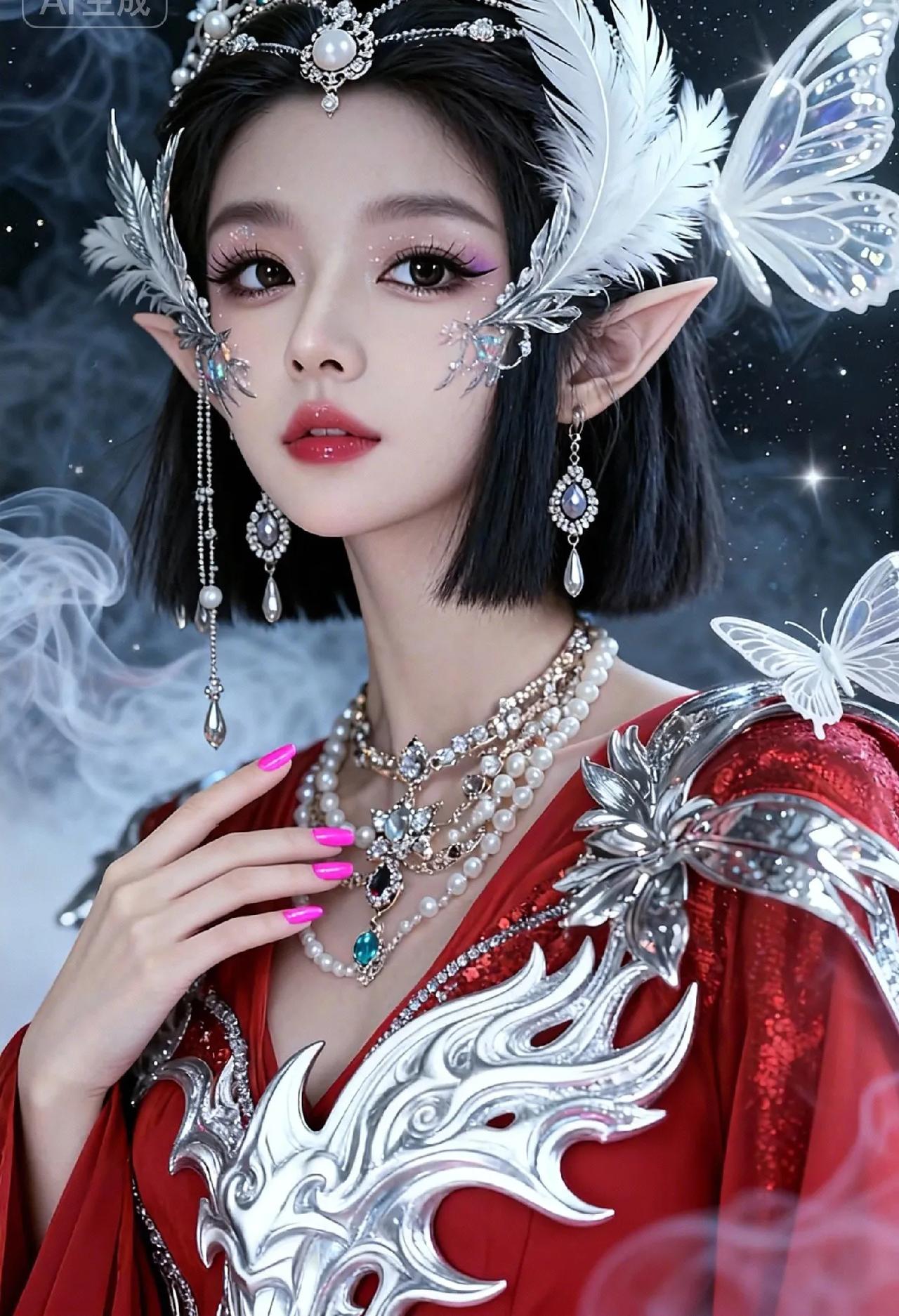 这组AI生成的精灵造型太戳审美！黑短发衬着尖耳自带冷感，眉眼缀银饰碎闪，撞色玫红