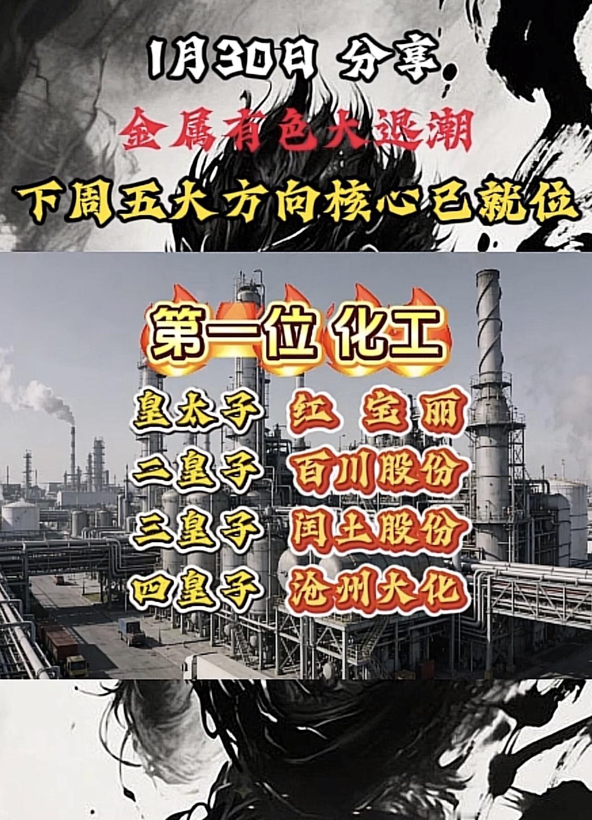 1月30日，金属有色大退潮，下周五五大方向核心已就位！有色退潮化工崛起，红宝