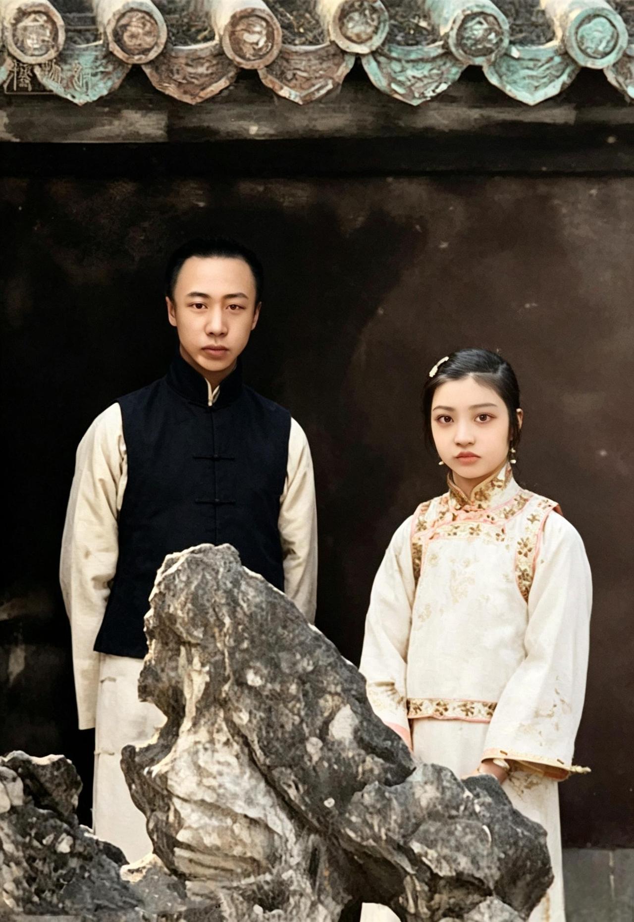 这是溥仪与溥伦的女儿铁格格在一起。铁格格的颜值算不上高，但她的圆嘟嘟的脸、大大的