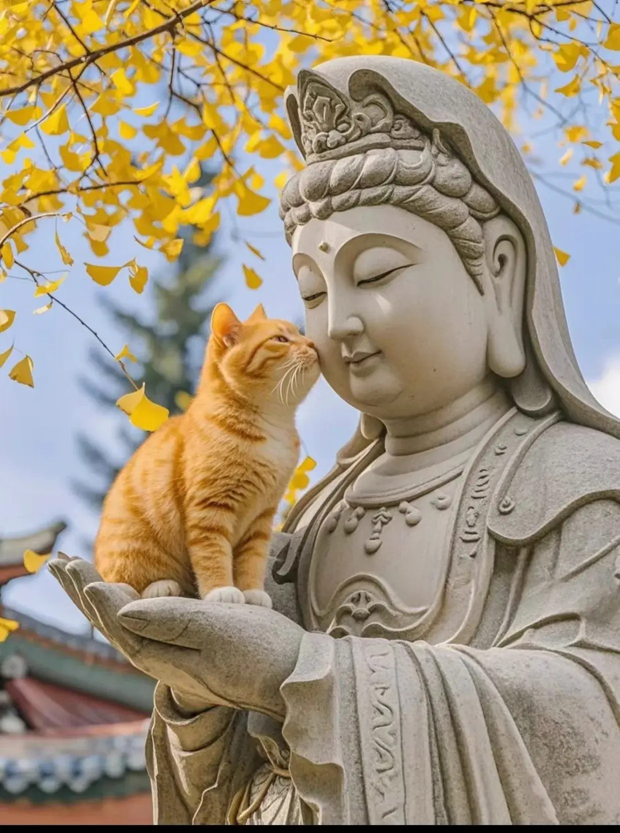 喜欢贴贴的猫咪是不挑人的，即使是佛祖也要贴贴