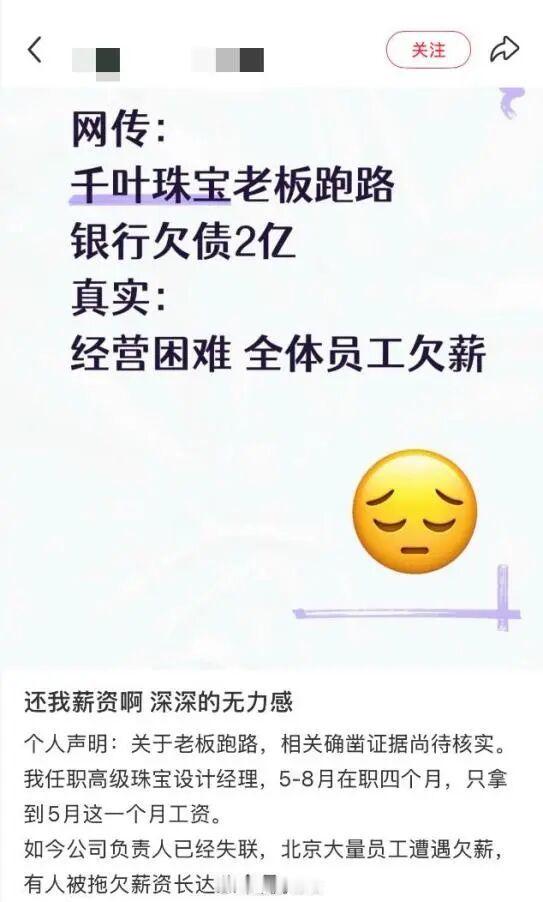 千叶珠宝被曝创始人夫妇林明杰高晓松失联，大量员工被欠薪，旗舰店已下架所有产品，公司股价暴跌64%[并