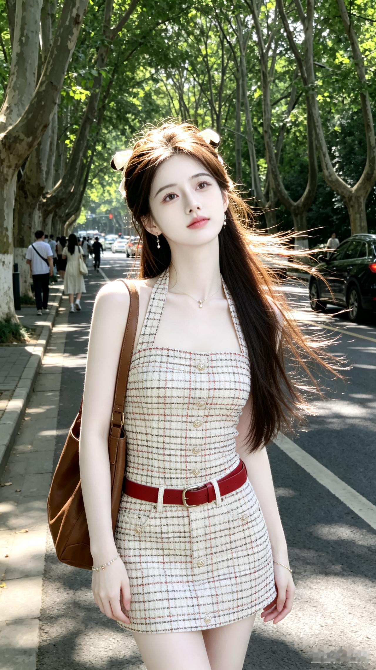夏日穿搭指南🌞：清爽格子裙，搭配棕色包包，轻松出行！
