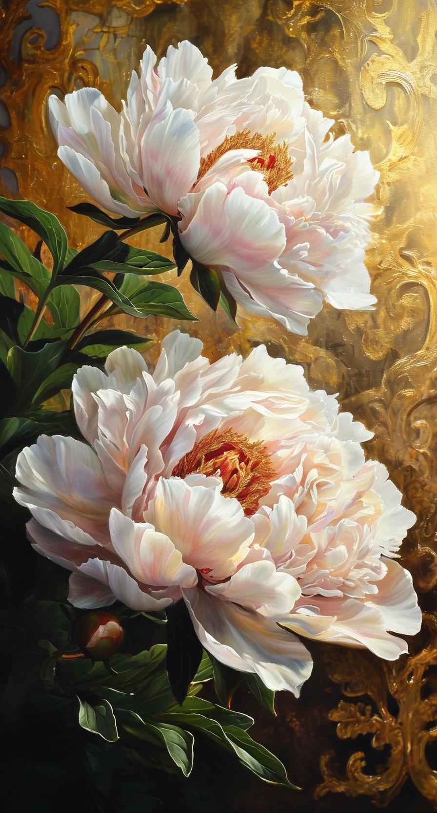 惊艳的牡丹花，绽放在金色的背景下，宛如仙境中的瑰宝。