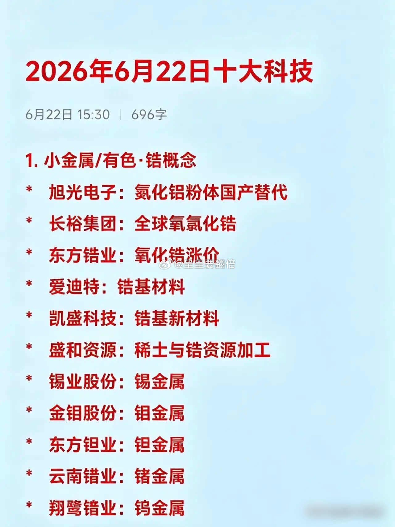 2026年6月22日十大热点科技及其产业链核心龙头1.小金属/有色·锆概念*