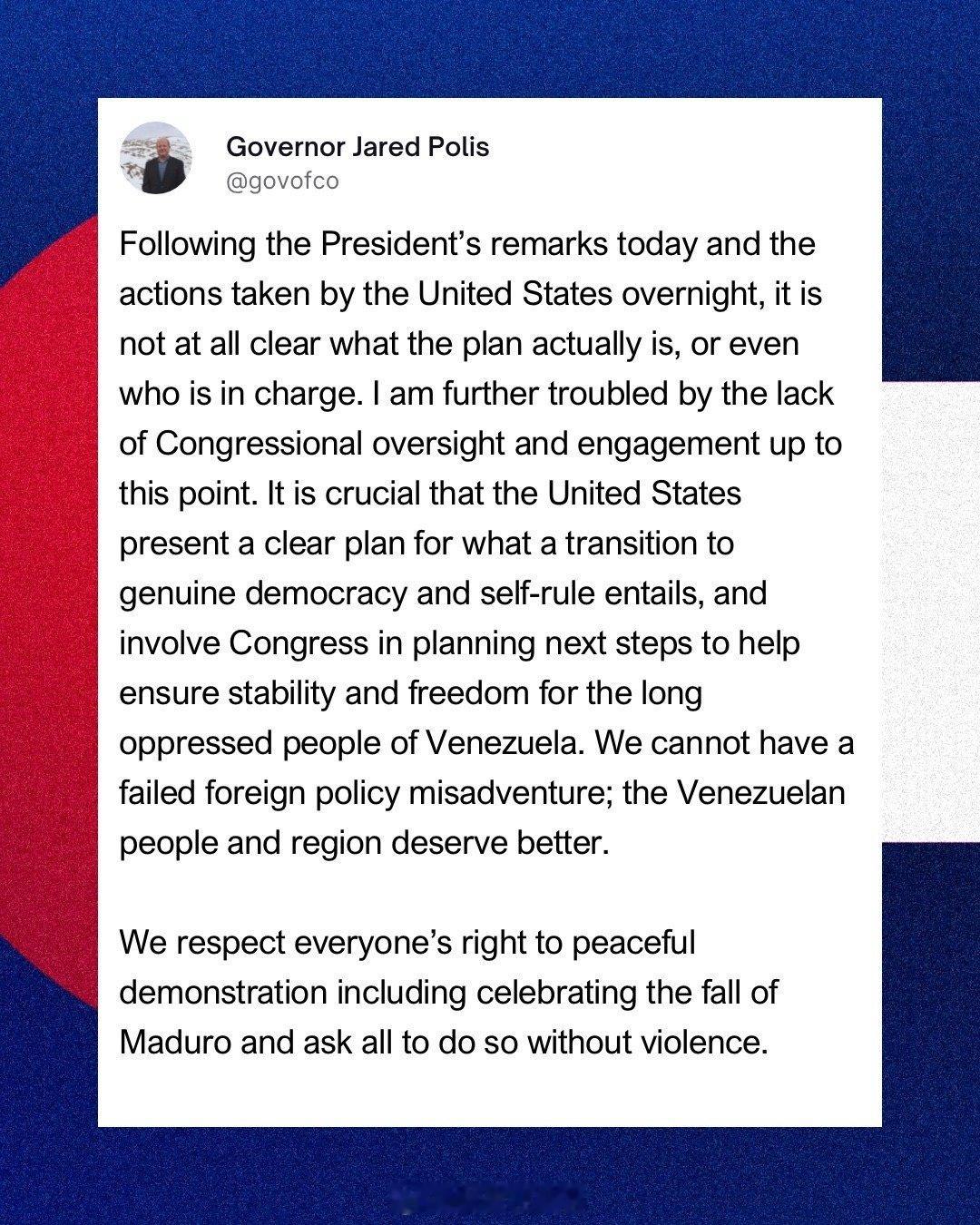 被特朗普总统多次公开辱骂的科罗拉多州民主党州长波利斯发表声明：第一：今天是庆祝推