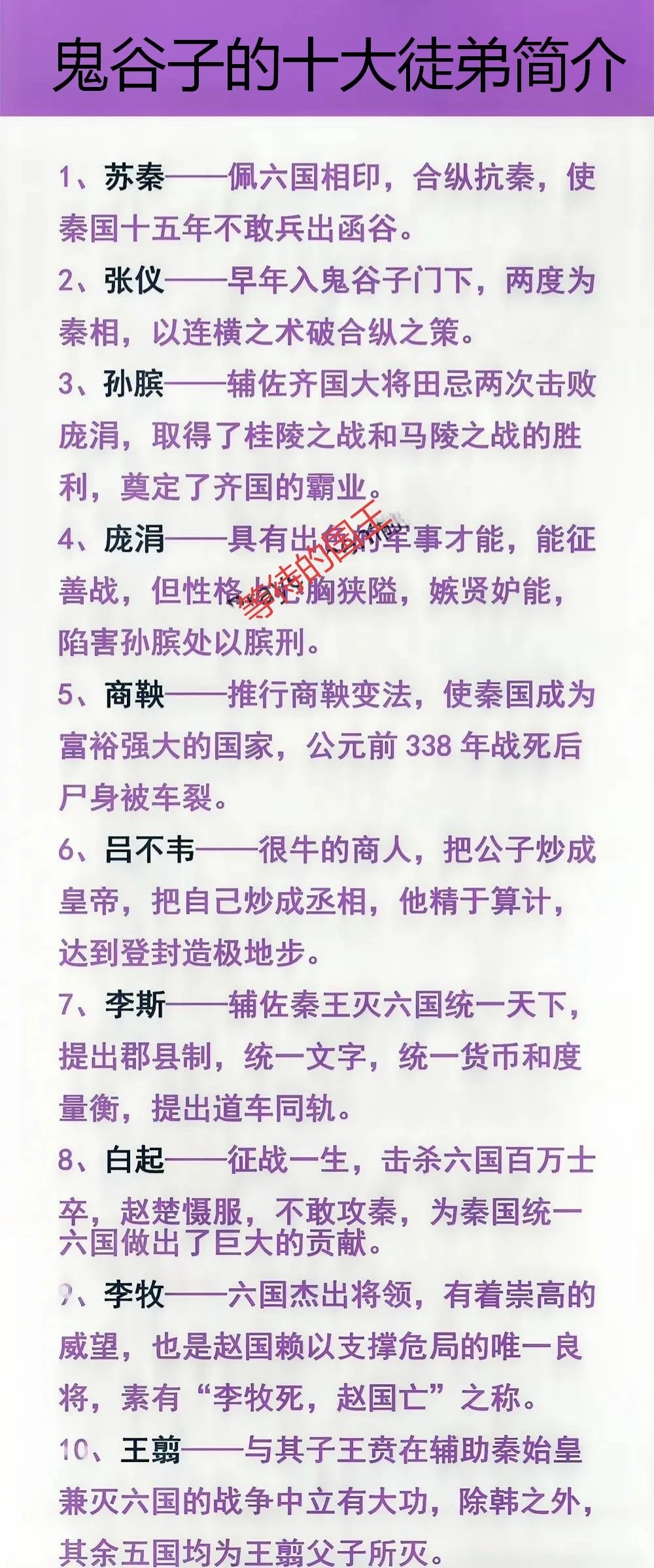 鬼谷子十大徒弟简介。