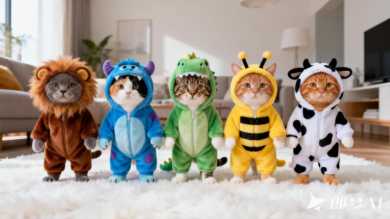 猫咪跳舞提示词：一幅高质量的电影级广角画面，展现了五只不同品种的猫咪(英短、奶