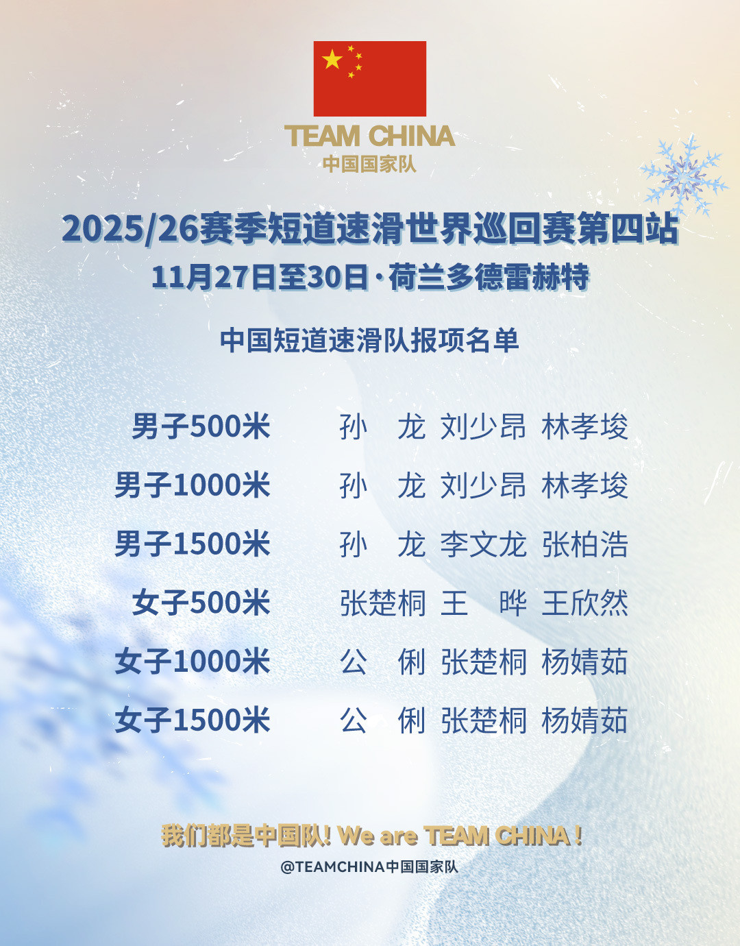 中国短道队多德雷赫特站报项2025-2026赛季国际滑联短道速滑世巡赛最后一站