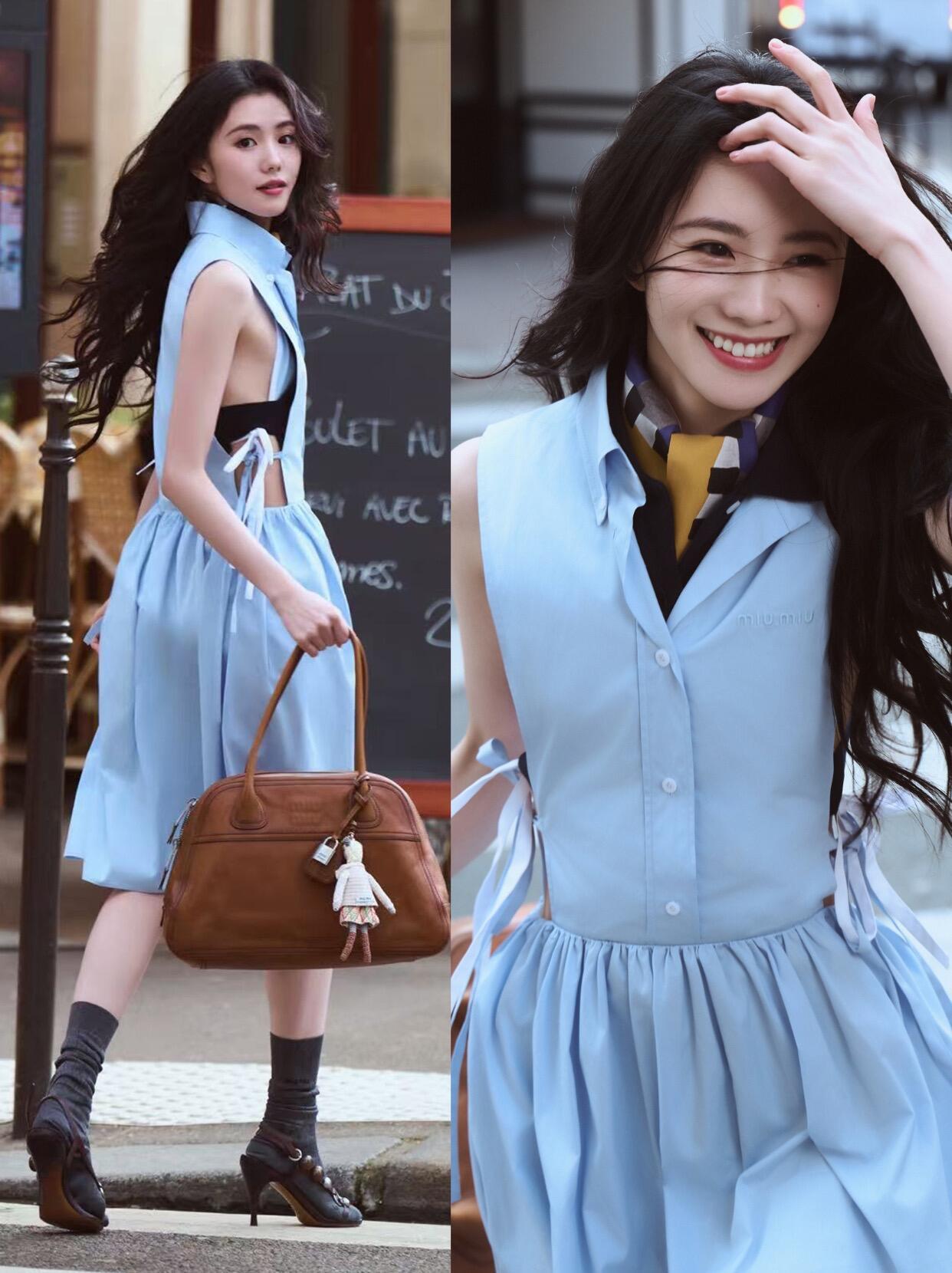 巴黎时装周时装周MiuMiu女孩刘浩存李庚希巴黎时装周，粉蓝无袖连衣裙，清