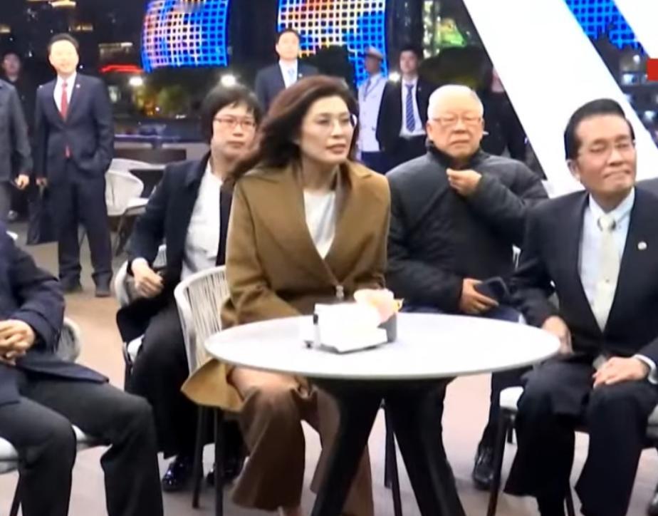 郑丽文的发型被黄浦江的风吹乱了，并没有影响她欣赏夜景的好心情！4月8日晚上郑丽文