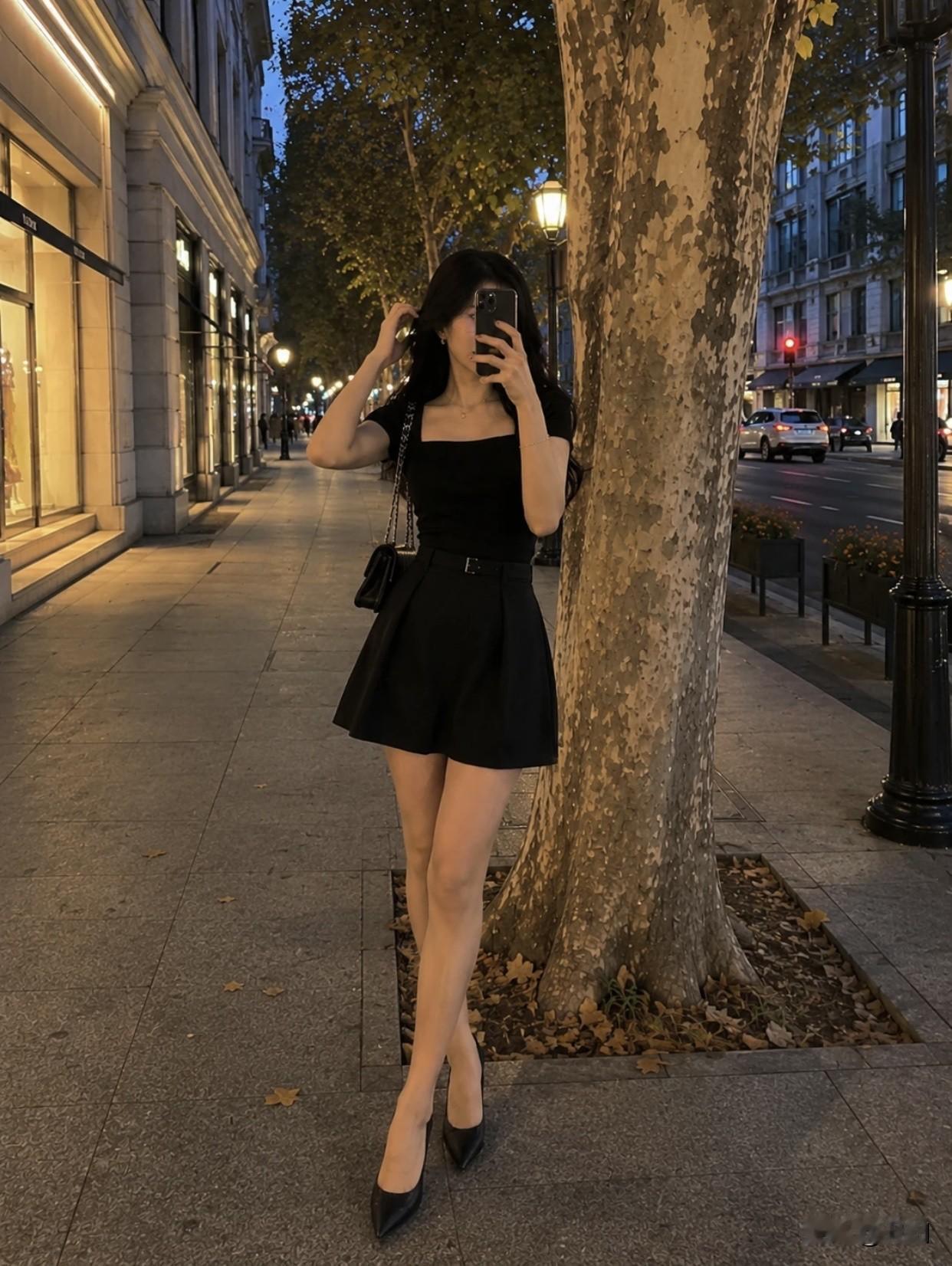 记录我的2026夜晚街头的优雅背影，黑色短裙与高跟鞋的完美搭配。