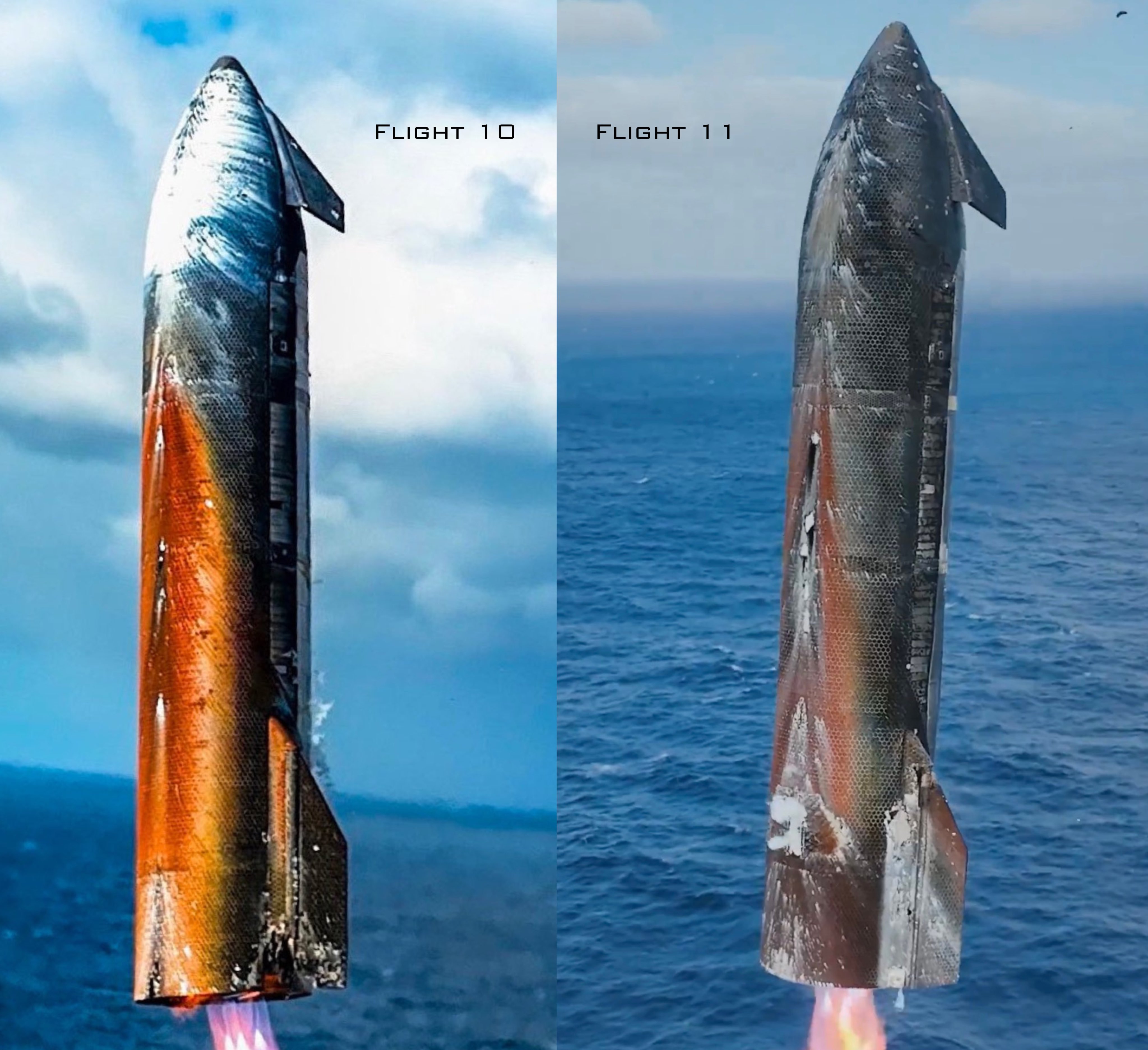 SpaceX星舰10飞和11飞溅落状态对比​​​
