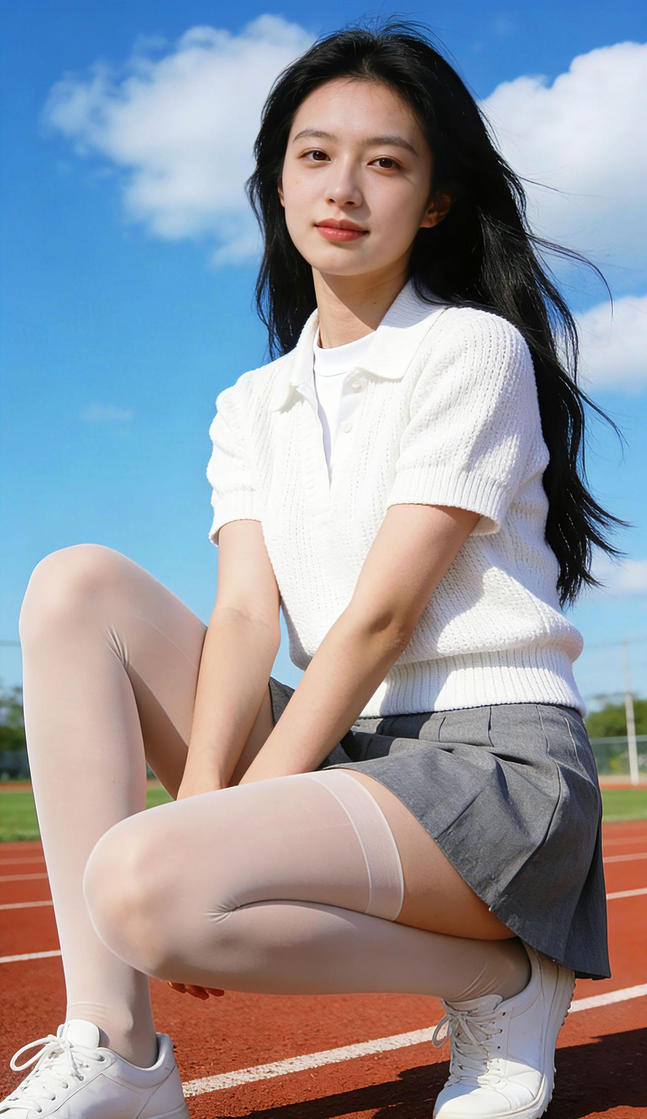 你会喜欢我多久呢？发现一枚自带蓝天滤镜小仙女，白衬衫叠麻花背心+灰百褶裙，经典学