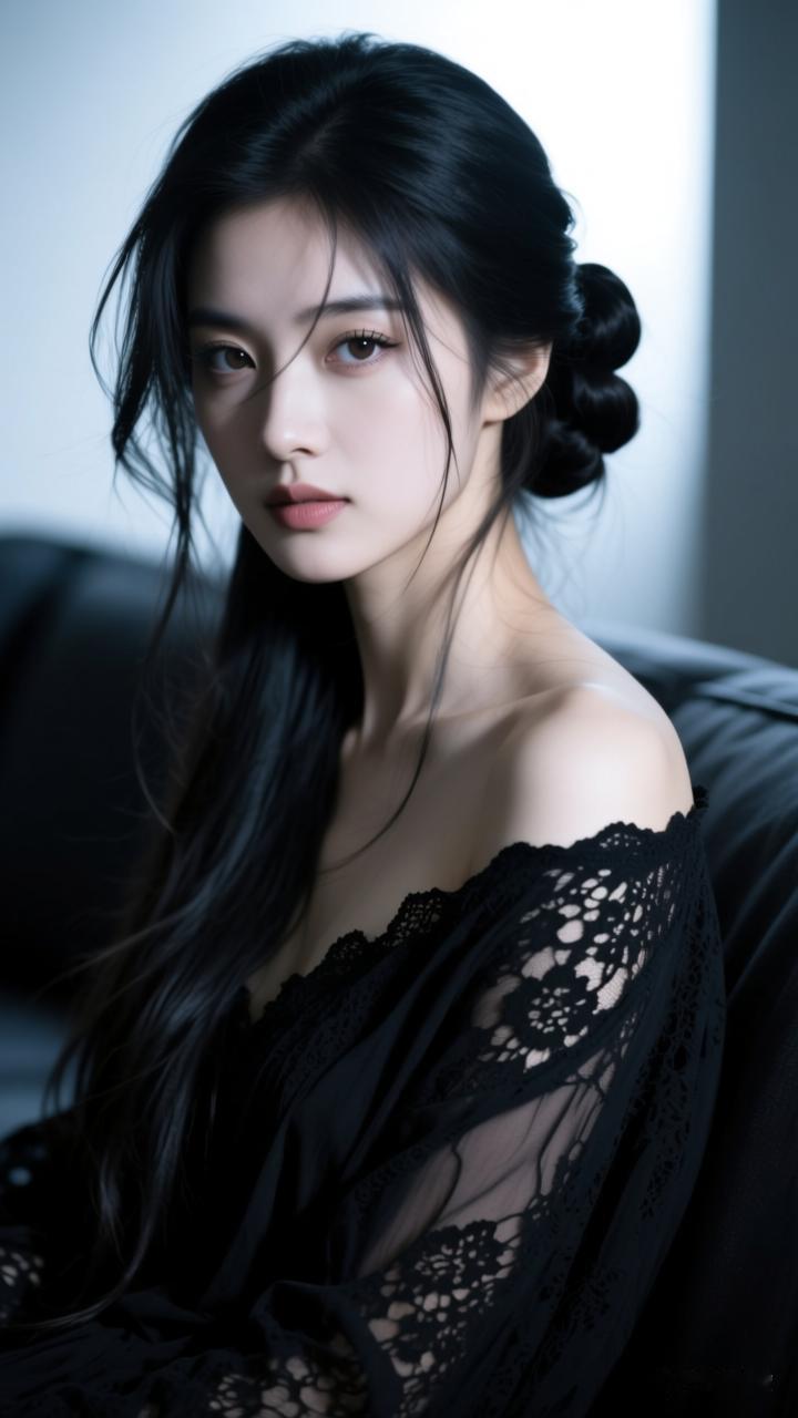 黑发红唇，优雅迷人，黑纱蕾丝，尽显风情。