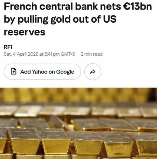 法国央行抛售所有存放在美国的黄金近日，法国央行出售了129吨存放在美国的黄