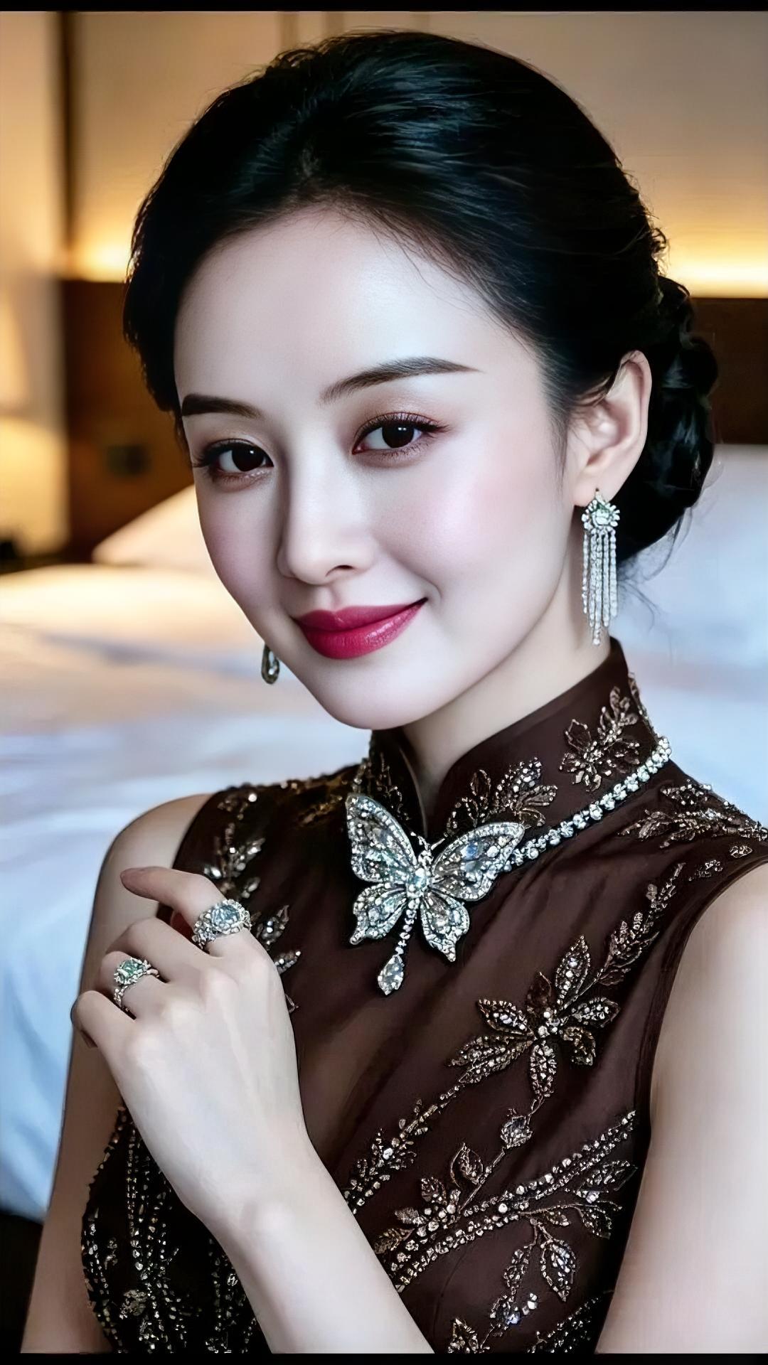 《蝶落褐缎》褐缎旗袍，绣满星辉微亮，蝶形钻饰，停驻立领中央。流苏轻晃