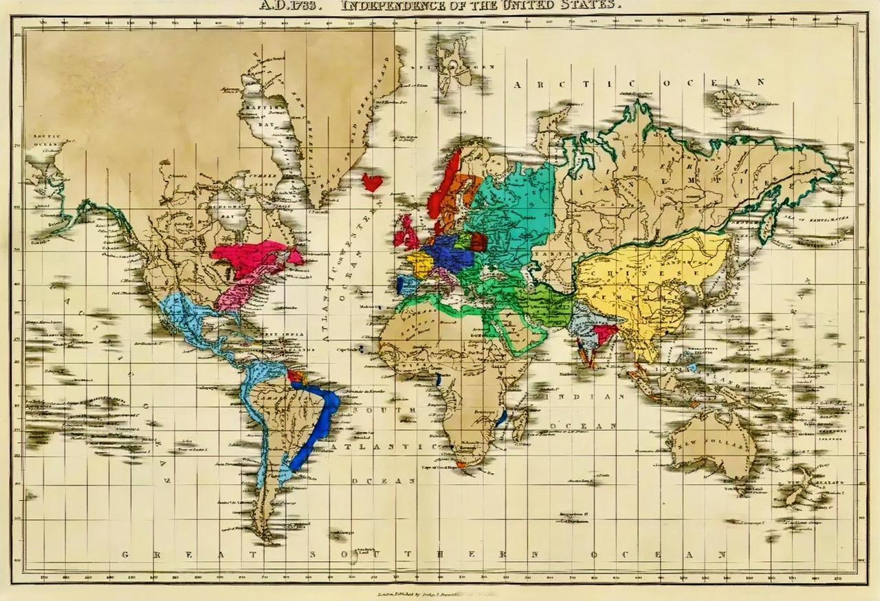 这是1783年英国绘制的世界地图，这一年是很关键的一个年份，美国独立战争的结束与