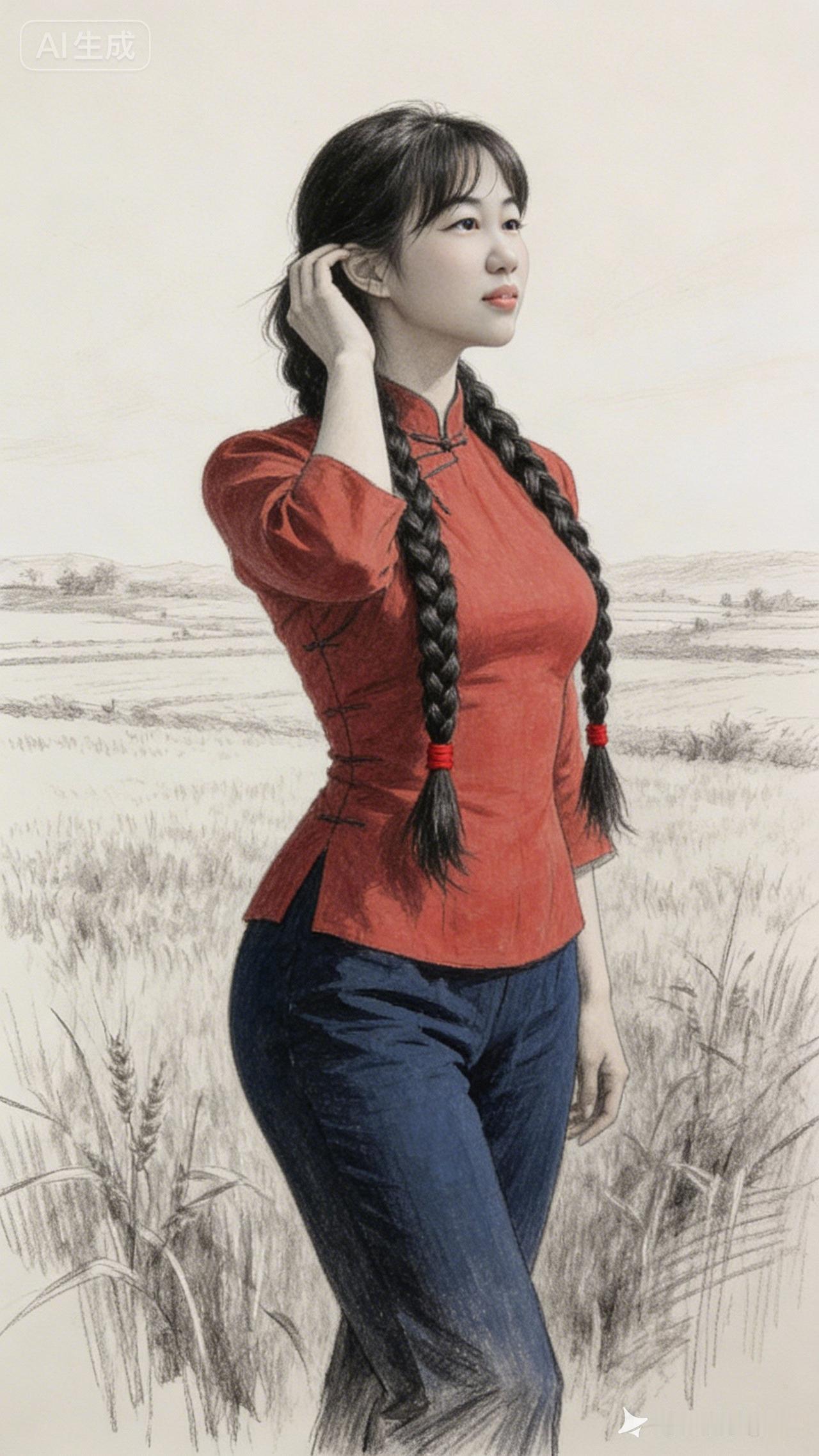 红衣少女，田间漫步，古风韵味，尽显优雅。
