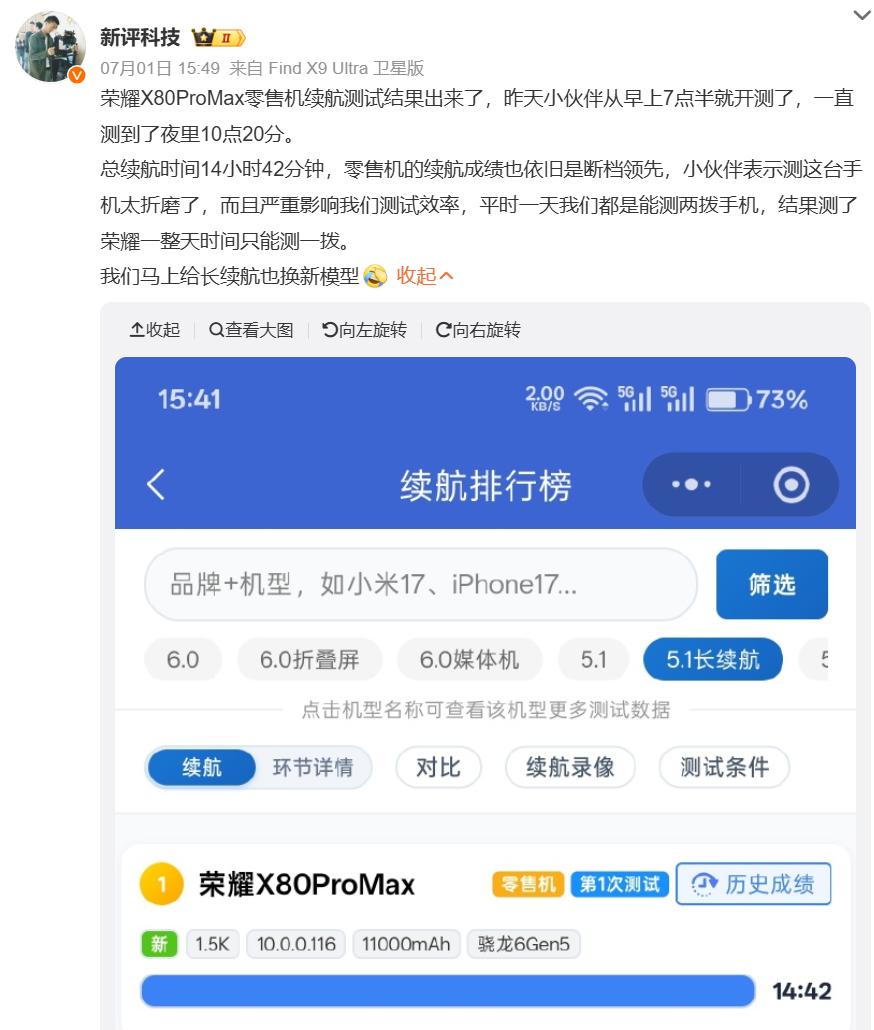万万没想到，荣耀手机续航测试把博主整崩溃了，差距太大了新平科技公布荣耀X80