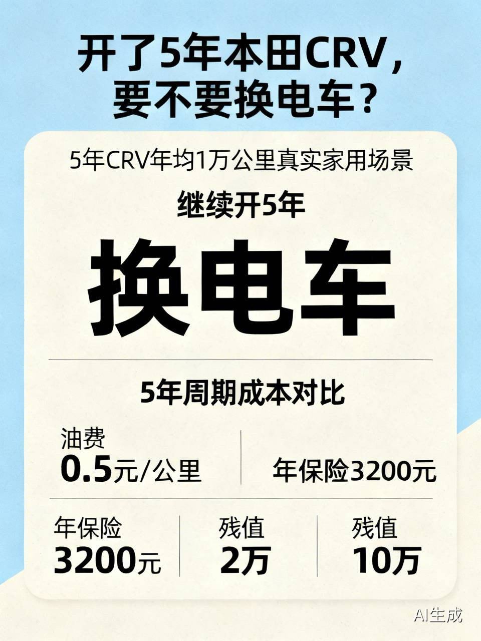 开了5年本田CRV，要不要换电车？一笔账算明白很多家用车主开到第5年都会纠结：车况还好好的，到底是继