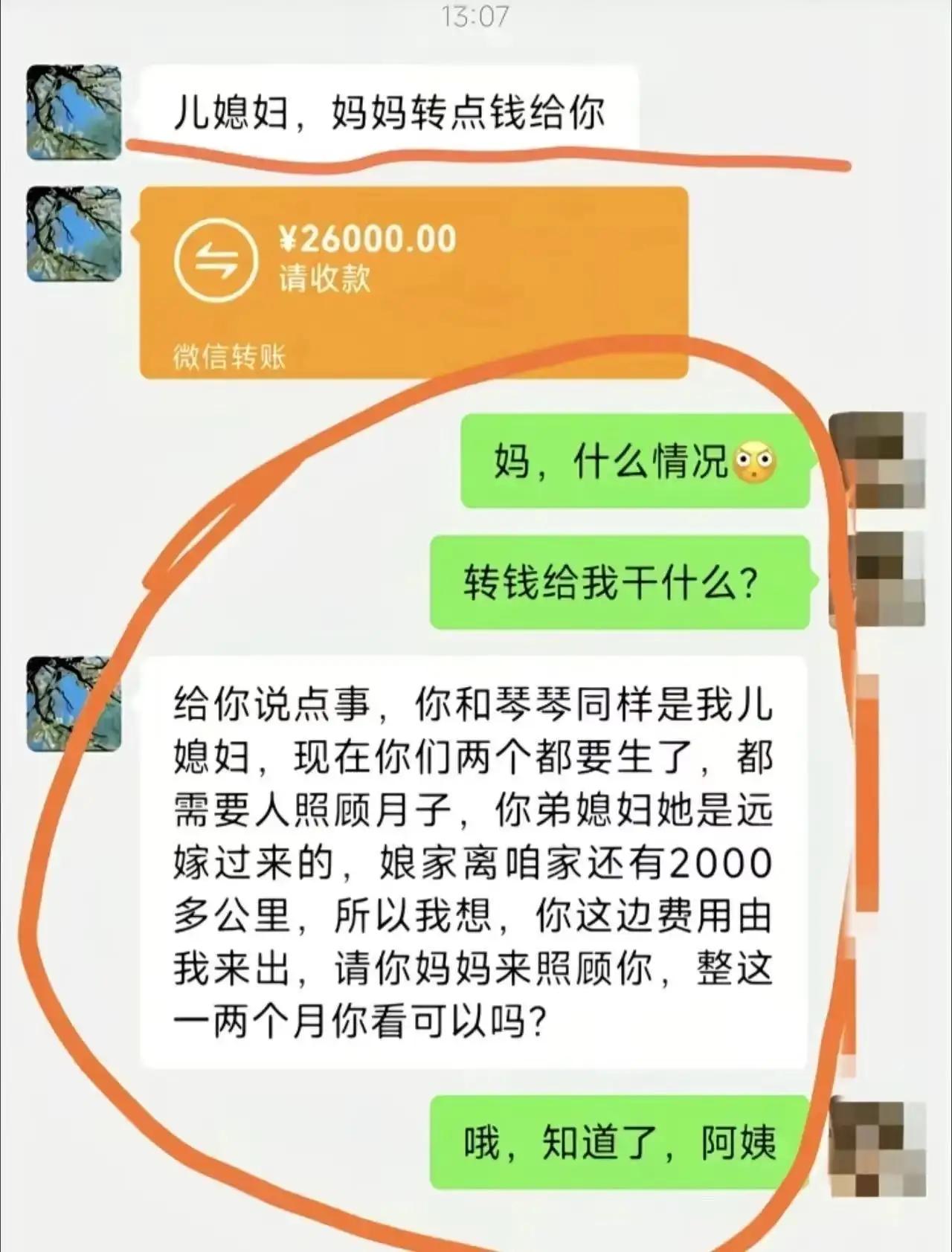 两个儿媳妇同时生娃，婆婆想着小儿媳是远嫁，决定伺候小儿媳坐月子，并给大儿媳转26