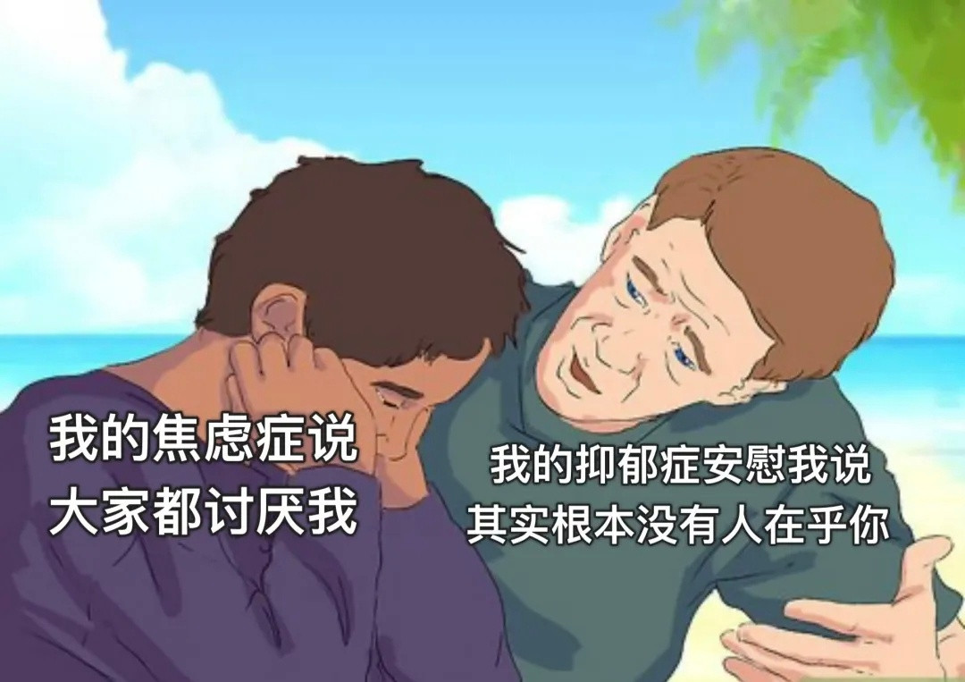 你的焦虑症有些松弛，但是你的抑郁症又正好填补了这一空缺meme