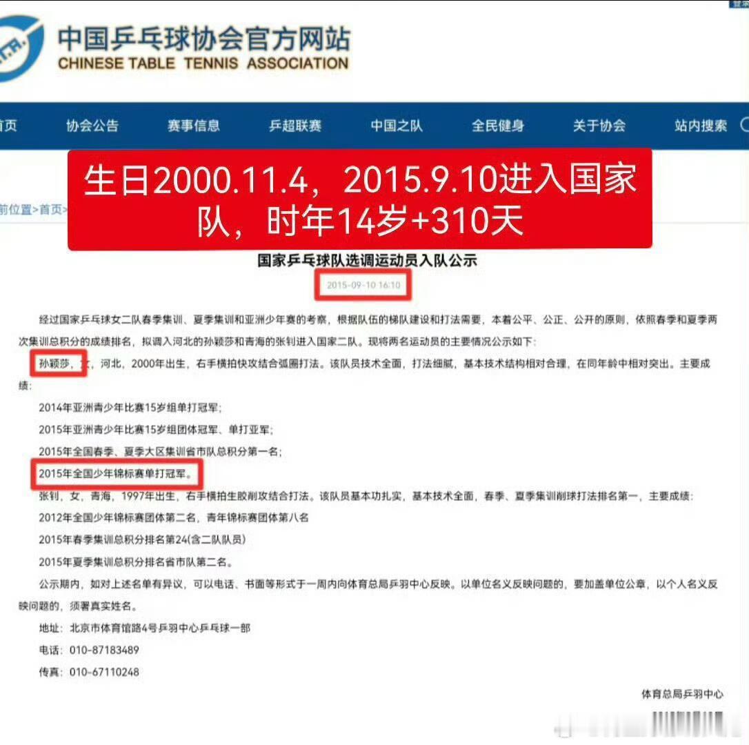 🏓孙颖莎全是公开可查的战绩2015年9月进入国家二队（14岁10个月）开启