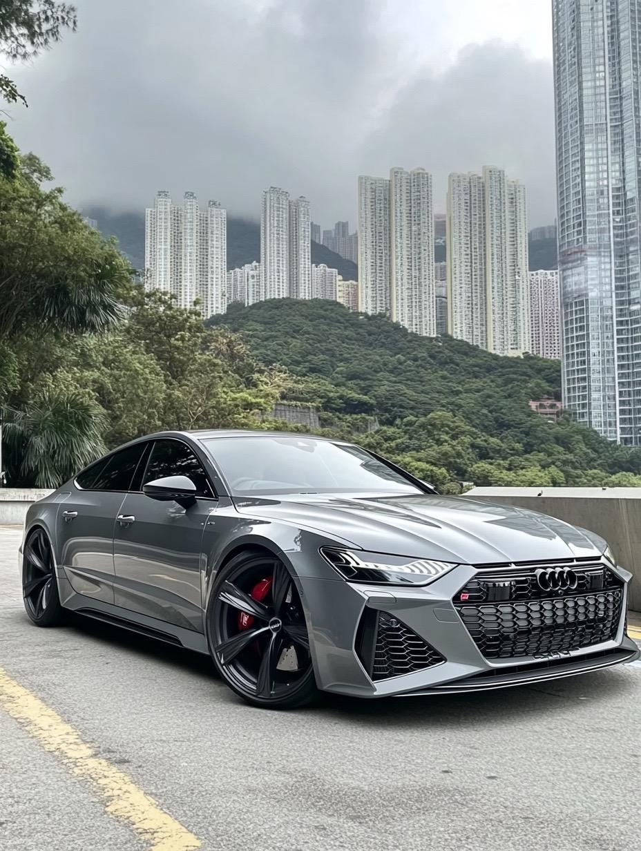 奥迪RS7黑武士，城市排面拉满！纯黑的奥迪RS7往维港边一停，跟高楼大厦的背景完美融合，压迫感直接拉