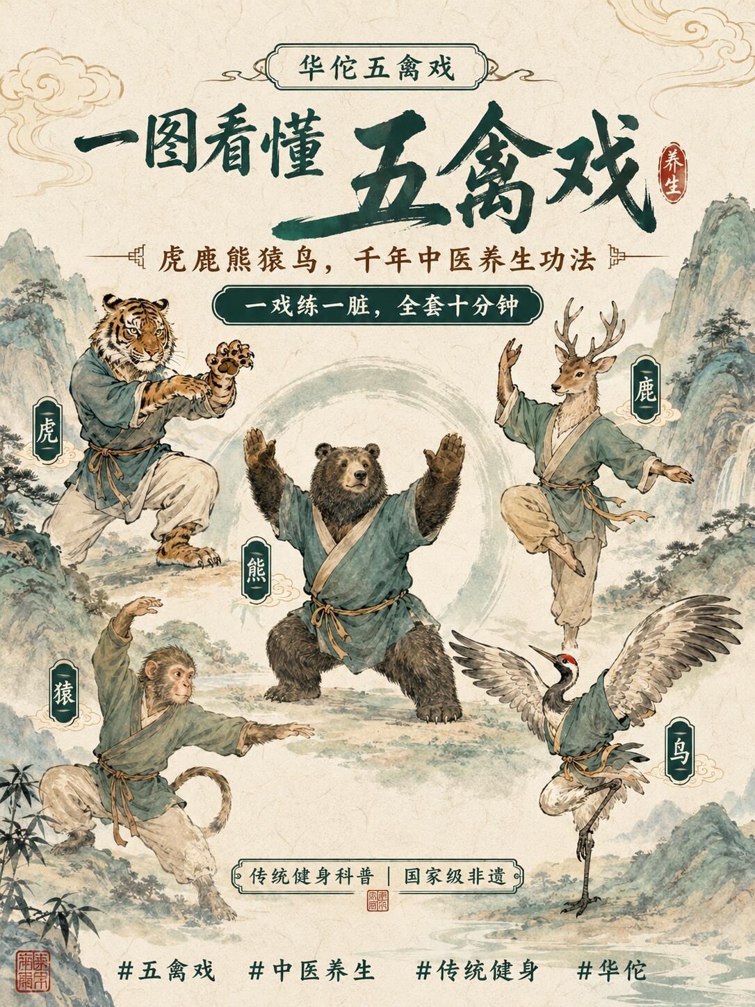 华佗千年养生五禽戏，一套动作养五脏，中老年居家首选东汉华佗创编的国家级非遗五禽
