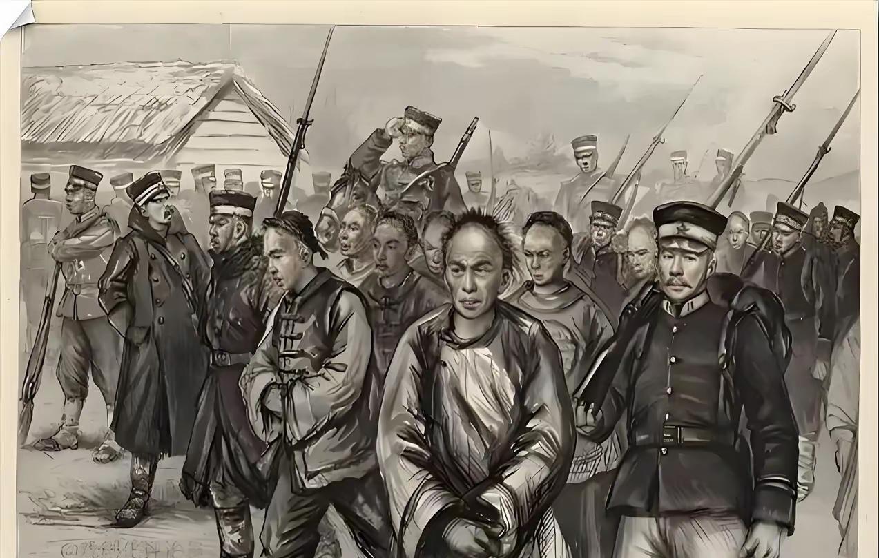 下图是甲午战争中清军俘虏被押往日本。从图中可以看出，清军面貌就是一支古代军队，与