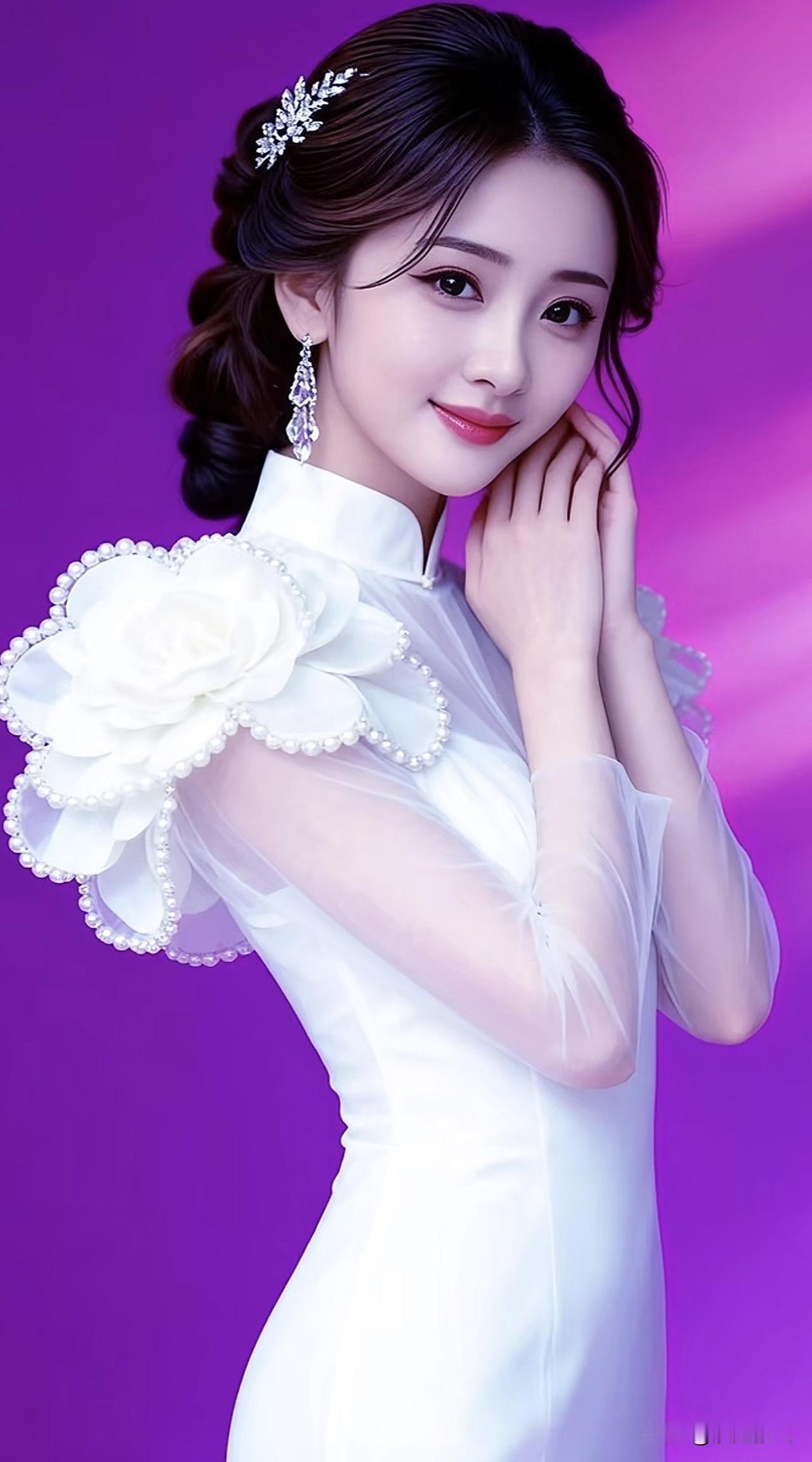 优雅白裙少女，梦幻紫色背景，甜美微笑，宛如童话中的公主。阳光白裙少女温柔白衣少