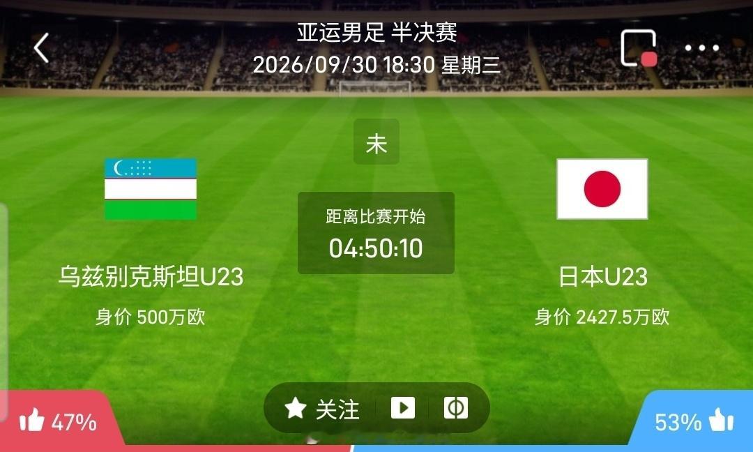 【足球】周三002亚运男足方向：乌兹U23vs日本U23亚运男足乌兹U23V