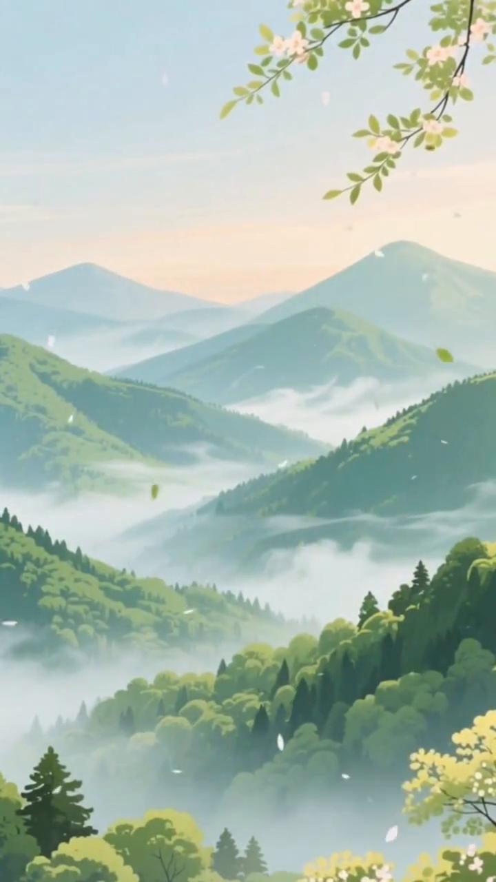 暮春山岚染新绿，溪畔村落绘水墨。暮春的风裹着新绿，漫过青苍的山岚，将一方天地轻