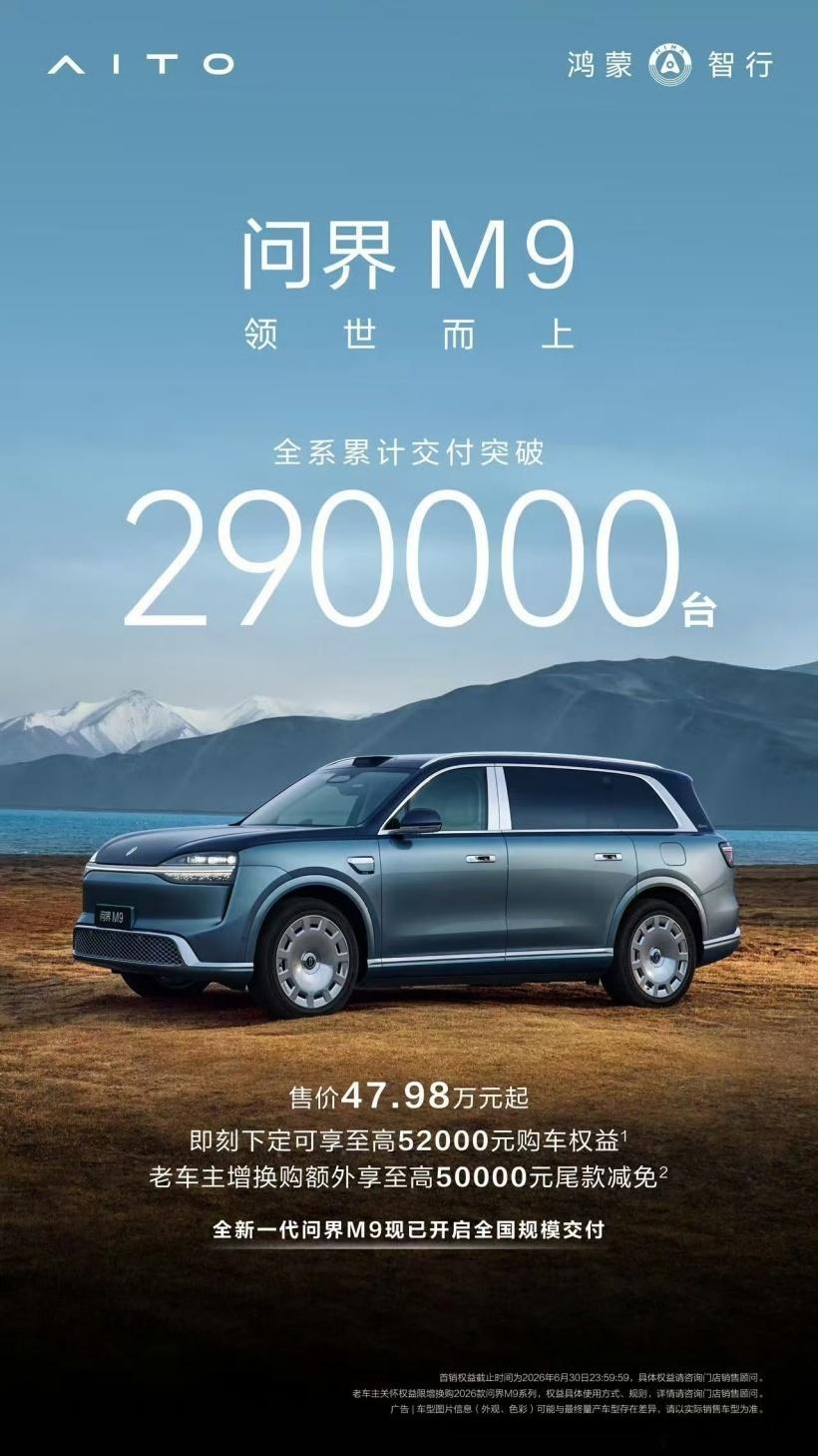 问界m9全系交付突破29万台鸿蒙智行问界M9全系累计交付破29万台，新一代车型5