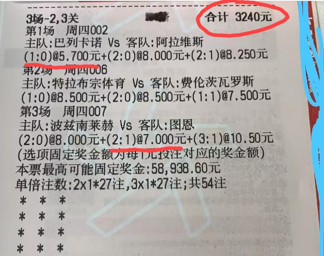 这几组比分这么香吗？居然让这位大哥下3240块这样的重注？这位大哥三场比赛猜了