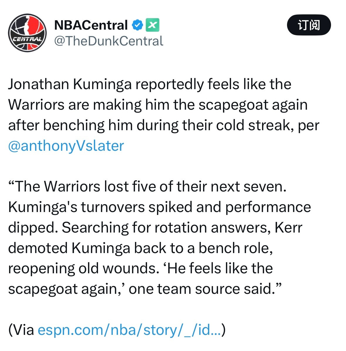 勇士记者AnthonySlater：在勇士队陷入连败低谷期间被雪藏后，库明加认